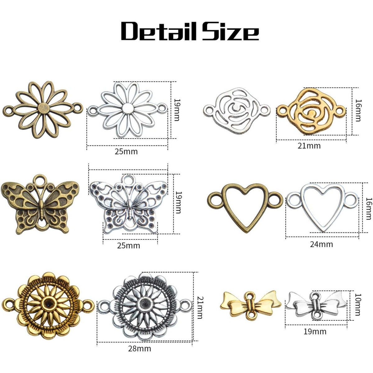 60pcs Craft Supplies Flower Heart Connector Charms Link Charms Pendants with 2 Holes for Bracelets Jewelry Making,6 Styles