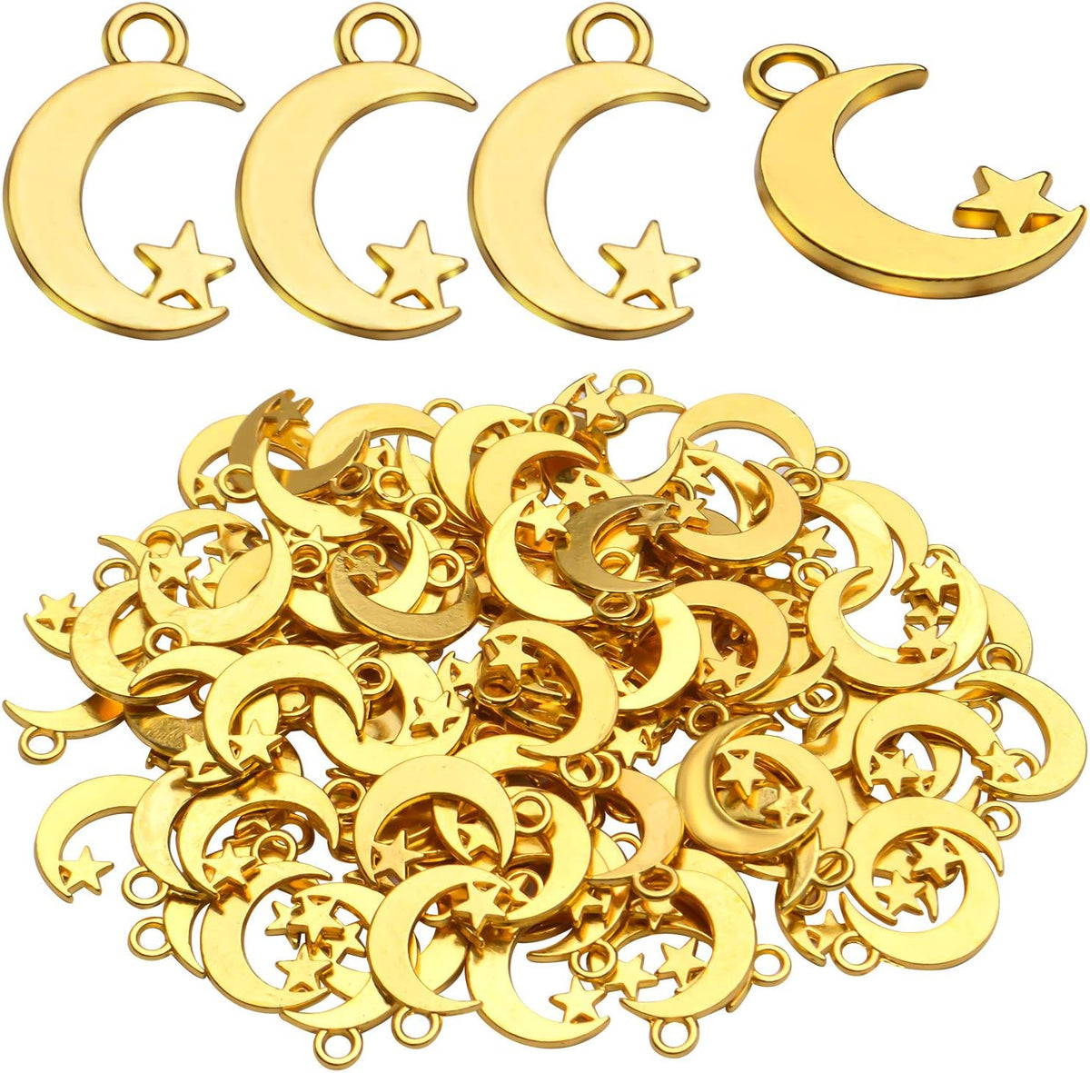 100Pcs Antique Silver Alloy Star and Crescent Moon Charms Pendants Celestial Charms Beads for DIY Earrings Necklace Bracelet Jewelry Making and Crafting