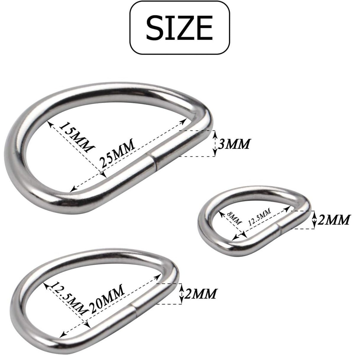 60pcs Assorted Multi-Purpose Metal D Ring Semi-Circular D Ring for Hardware Bags Ring Hand DIY Accessories - 1/2 Inch, 3/4 Inch, 1 Inch