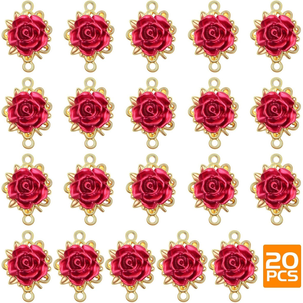 20pcs KC Golden Plated Red Rose Charms Connectors Alloy Lovely 3D Roseflower Shape Dangle Pendants with Double Holes for DIY Necklaces Earrings Jewelry Making Valentine's Gifts