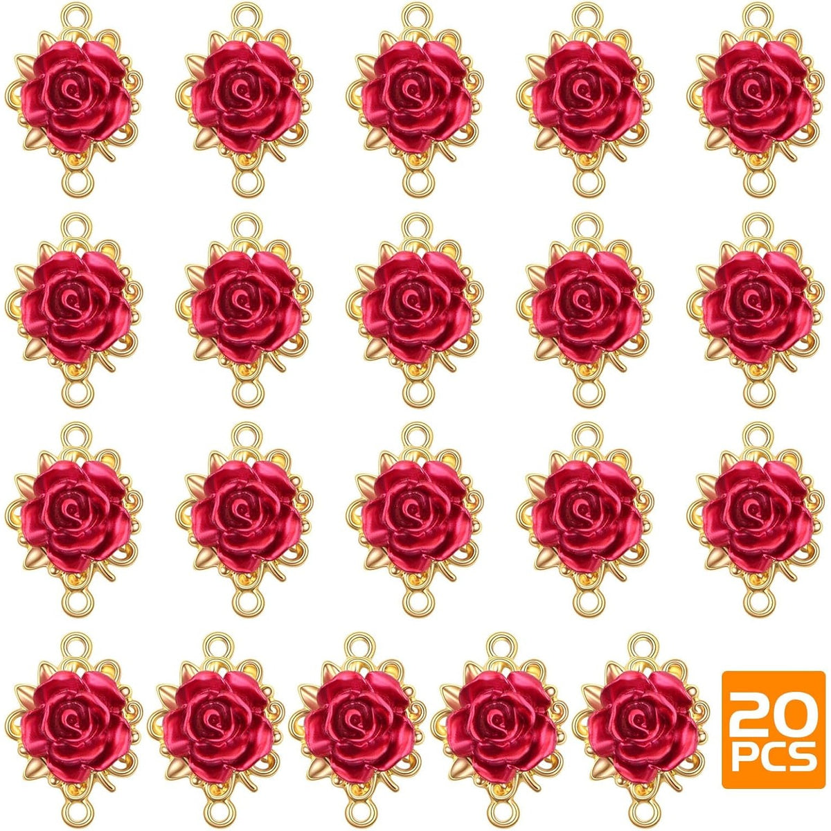20pcs KC Golden Plated Red Rose Charms Connectors Alloy Lovely 3D Roseflower Shape Dangle Pendants with Double Holes for DIY Necklaces Earrings Jewelry Making Valentine's Gifts