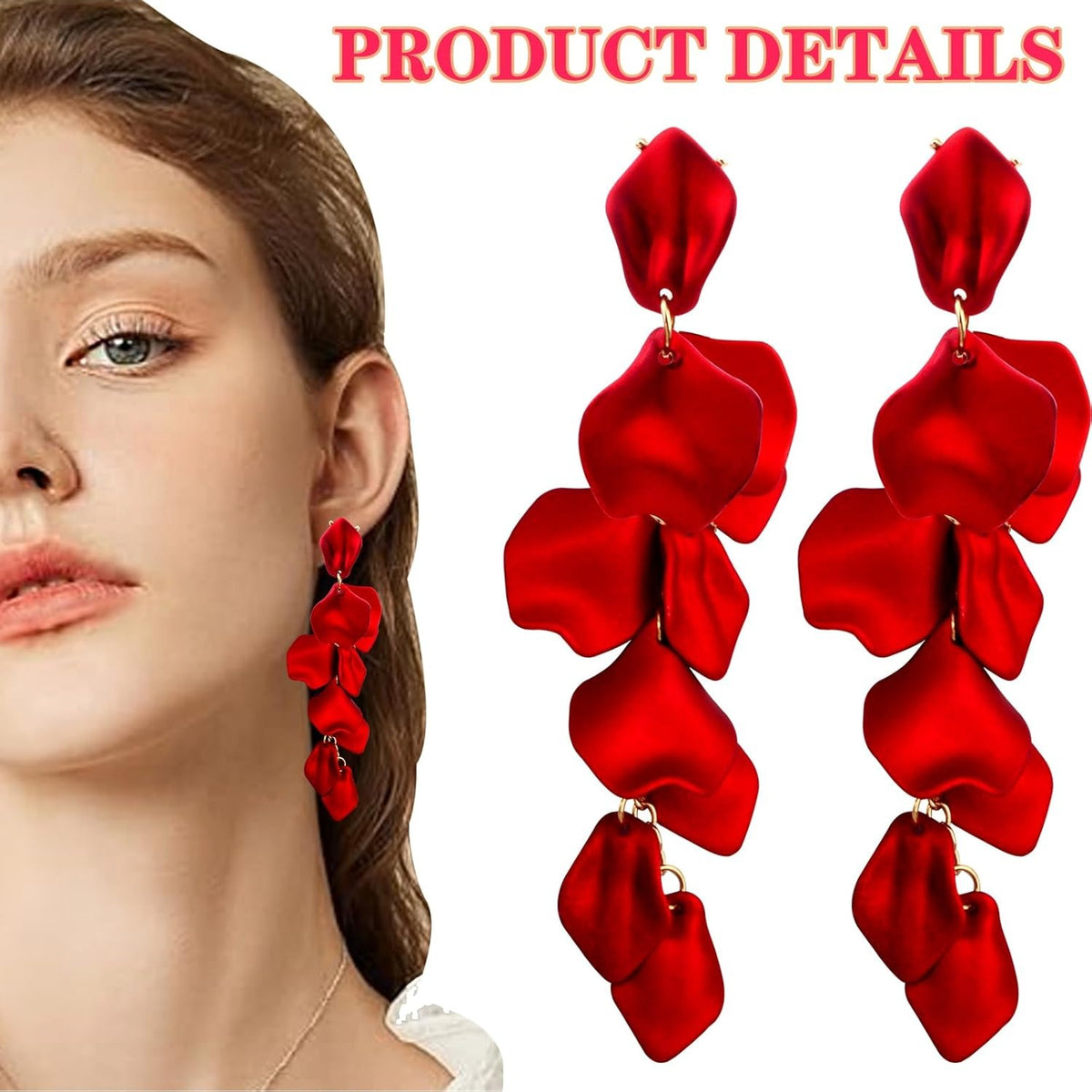 2 Pairs of Acrylic Long Rose Petal Dangle Earrings Flower Earring Studs Drop Statement Layered Floral Leaf Tassel Earrings for Women Beach Party Birthday