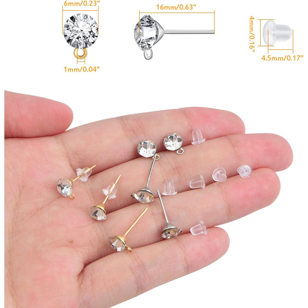 100 Pieces 6 mm 2 Colors Rhinestone Earring Studs Metal Earring Posts with Loop and 100 Pieces Clear Bullet Earring Backs for DIY Dangle Jewelry Making Supplies