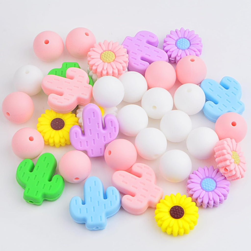 36Pcs Daisy Silicone Beads Cute Cactus Flower Focal Loose Round Spacer Beads Bulk for Summer Necklaces Bracelets Keychain DIY Jewelry Making Crafts