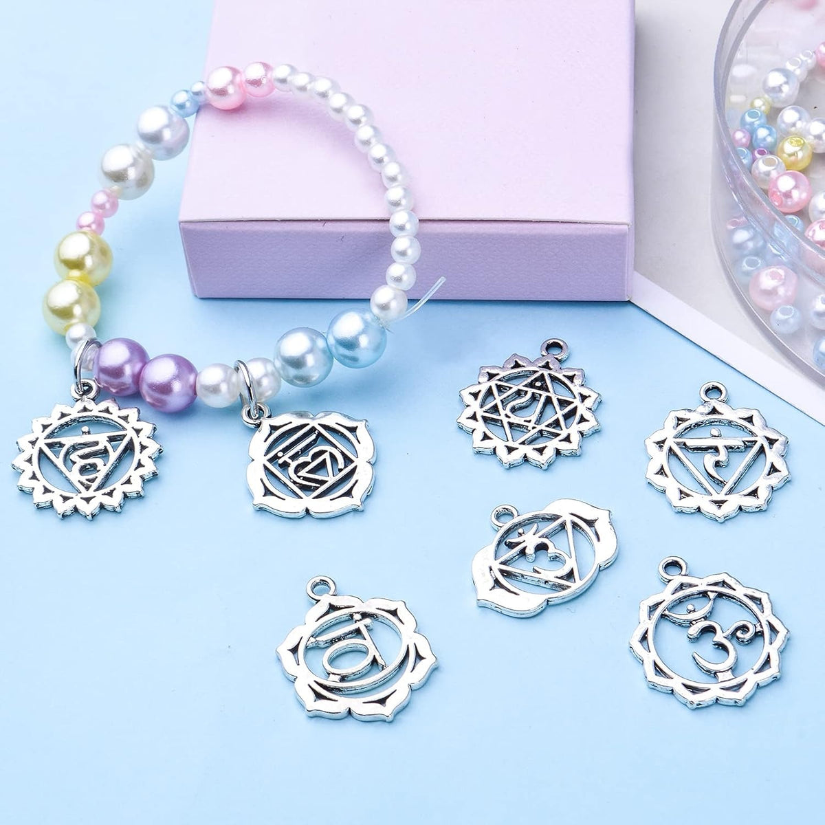 56pcs 7 Styles Chakra Charms Alloy Yoga OM OHM Flower Pendants Charms Jewelry Findings Accessory for DIY Necklace Bracelet Earrings Craft Supplies, Antique Silver