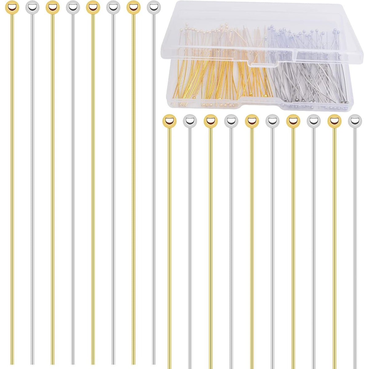 100pcs 50 mm Stainless Steel Long Head Pins Hypoallergenic Ball Head Pins Straight Craft Head Pins Needles with Plastic Box for DIY Bracelet Necklace Earrings Jewelry Making, 2 Colors