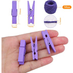 50pcs Purple Mini Wooden Pegs Pins Hardwood Photo Clips Clothespins Non Slip Laundry Pegs with 1 Roll Natural 50 M Jute Twine for Paper Photo Hanging Arts Crafts Decor