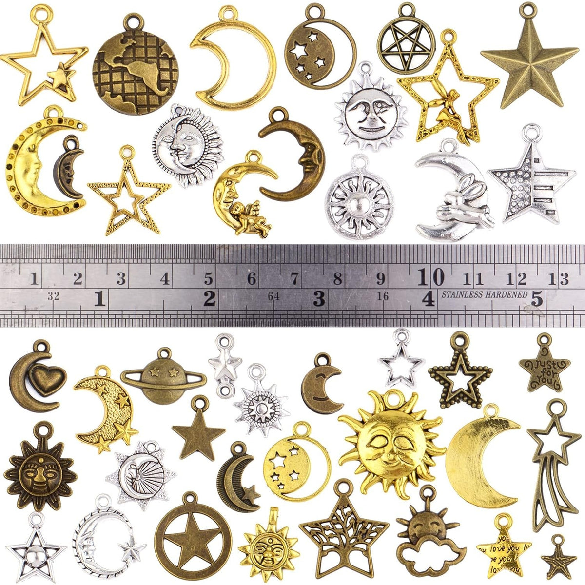 100 Gram Mixed Sun Moon Star Charms Celestial Pendants Alloy Sun Smile Pentagram Dangle Charms Collection for Necklace DIY Jewelry Making Crafting