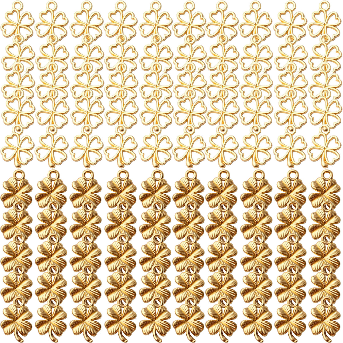 100pcs 2 Styles Alloy Four Leaf Clover Charms Lucky Charms Pendents for DIY Bracelet Necklace Jewelry Making Findings, Gold and Antique Silver