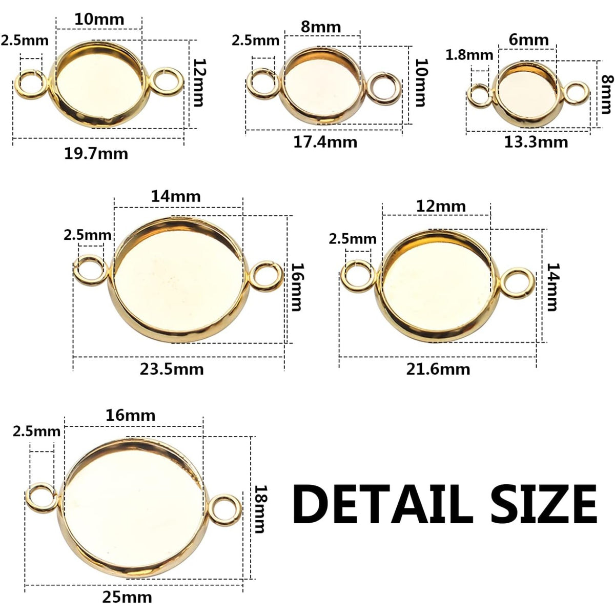 24pcs Stainless Steel Round Blank Bezel Pendant Cabochon Connectors Stud Earring Pendant Trays Blanks Links for DIY Jewelry Making Photo Resin Art Crafts, 6 Sizes