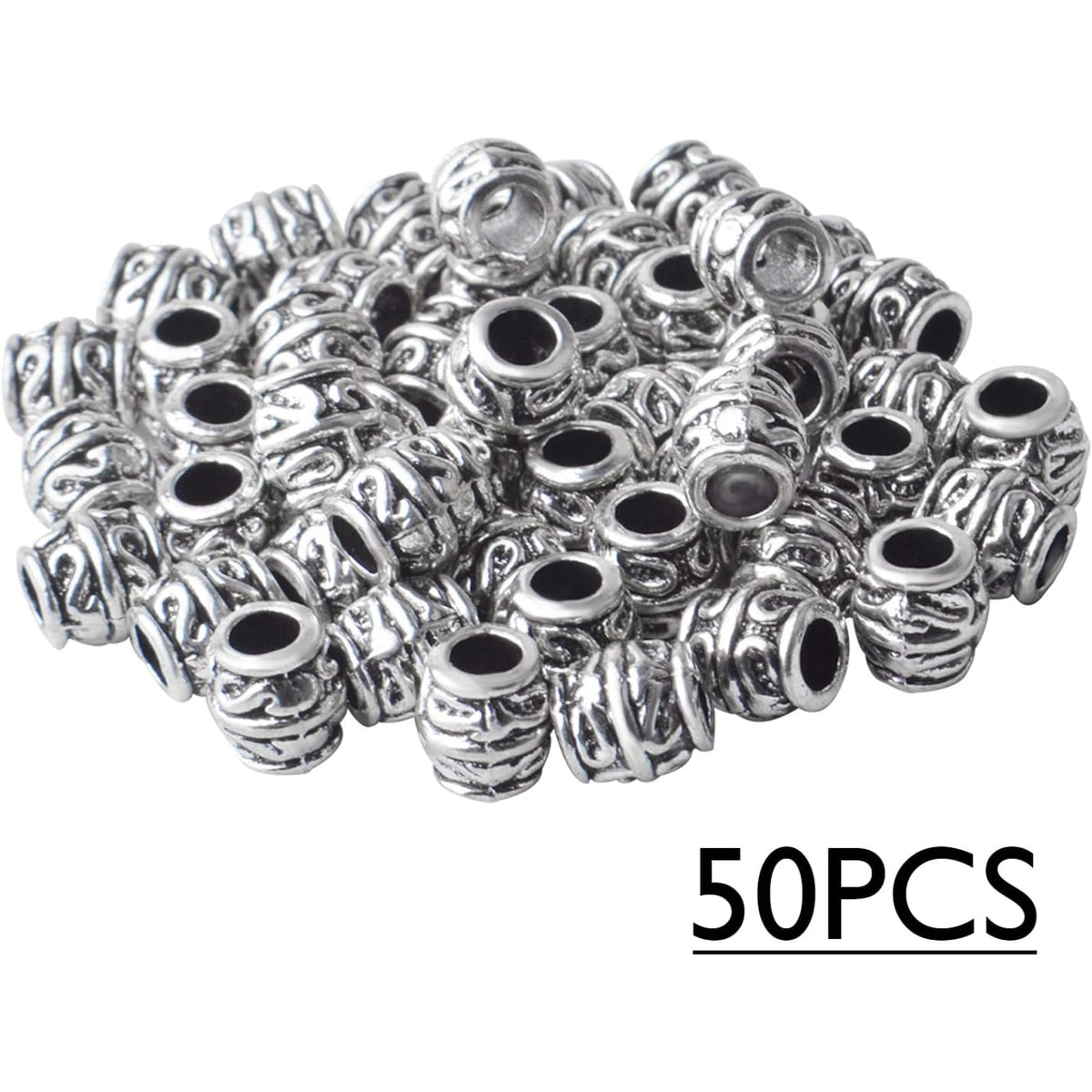 50pcs Antique Silver Large Hole Spacer Beads, Barrel Shape, 7.3*7.5*4mm