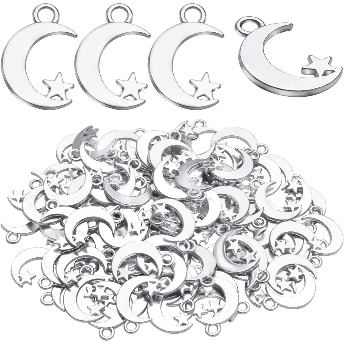 100Pcs Antique Silver Alloy Star and Crescent Moon Charms Pendants Celestial Charms Beads for DIY Earrings Necklace Bracelet Jewelry Making and Crafting