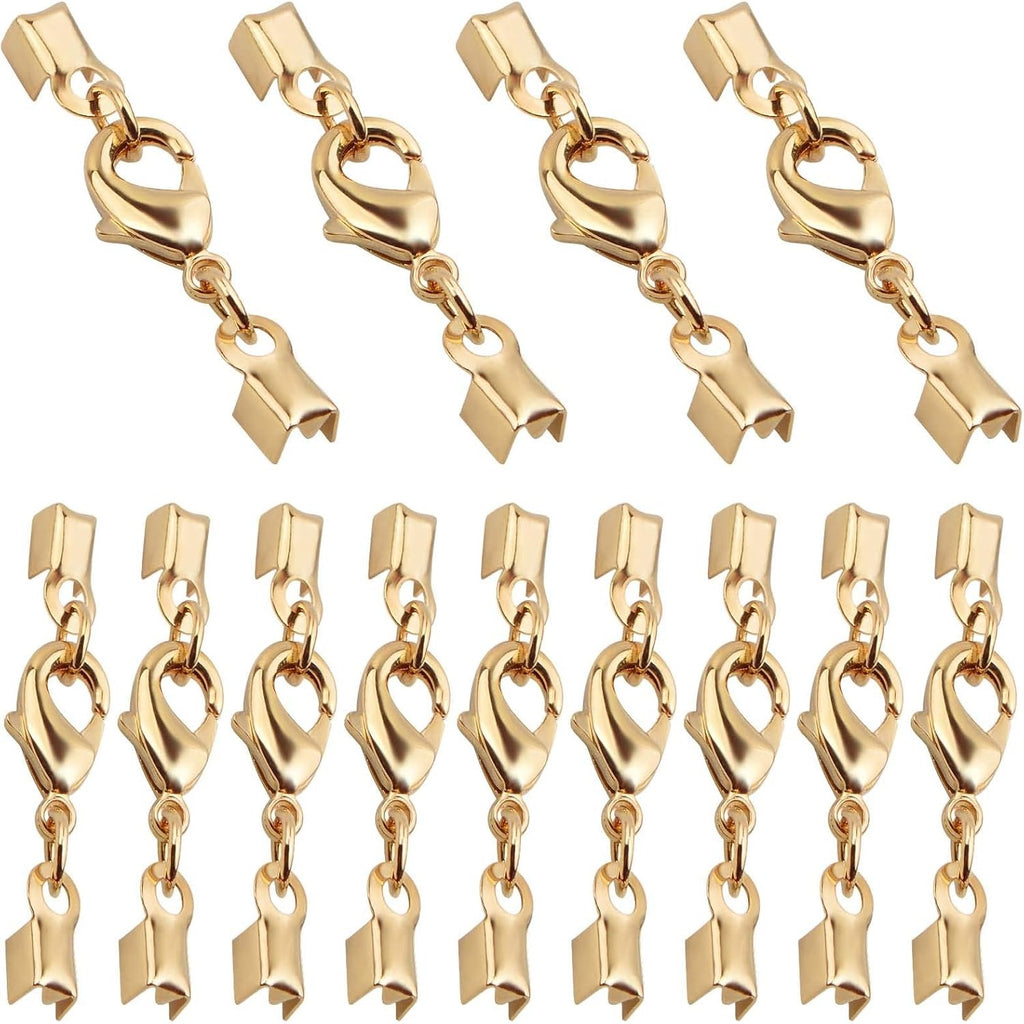 20pcs Golden Lobster Claw Clasps with Cord Ends Metal Leather Cord End Caps Fold Over Crimp End Tips Connector with a Plastic Box for DIY Necklace Bracelets Jewelry Making