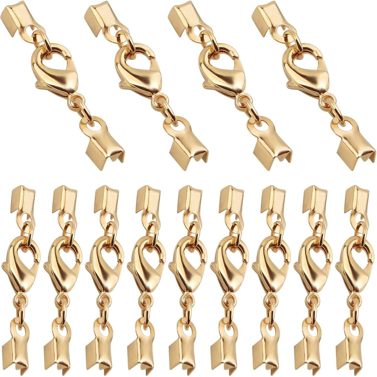 20pcs Golden Lobster Claw Clasps with Cord Ends Metal Leather Cord End Caps Fold Over Crimp End Tips Connector with a Plastic Box for DIY Necklace Bracelets Jewelry Making