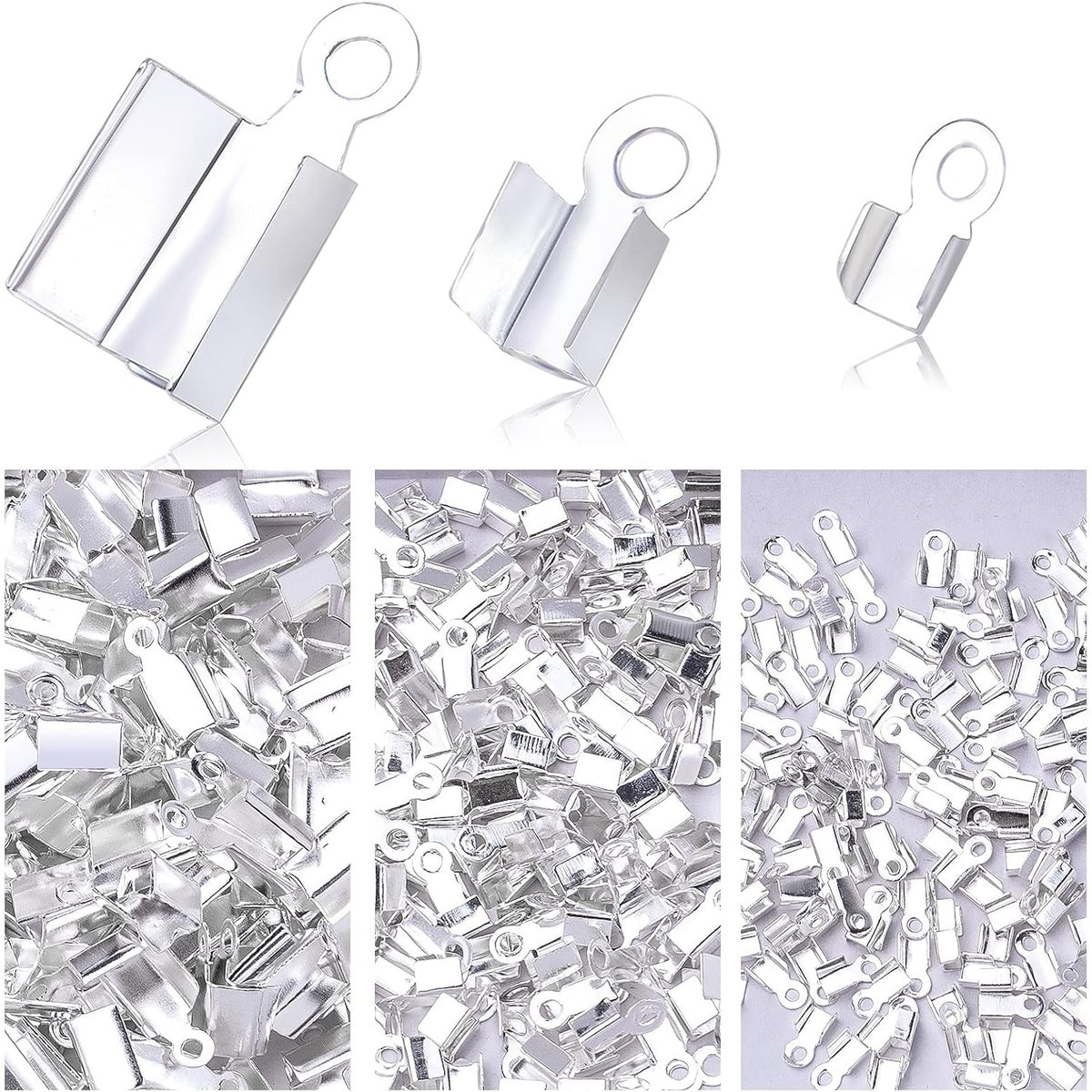 600pcs Silver Fold Over Cord Ends Metal Cord Crimp End Tips Fold-Over End Caps Leather Ribbon Ending Clasp Tips Jewelry Connector for Necklace Bracelet Making, 3 Sizes