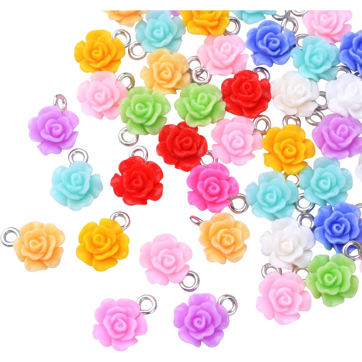 50pcs 10 mm Mixed Colors Resin Rose Flower Pendant Charms Lovely Flower Bead Charms Jewelry Making Accessories for DIY Craft Earrings Necklace Bracelet Birthday Party Favor Gifts