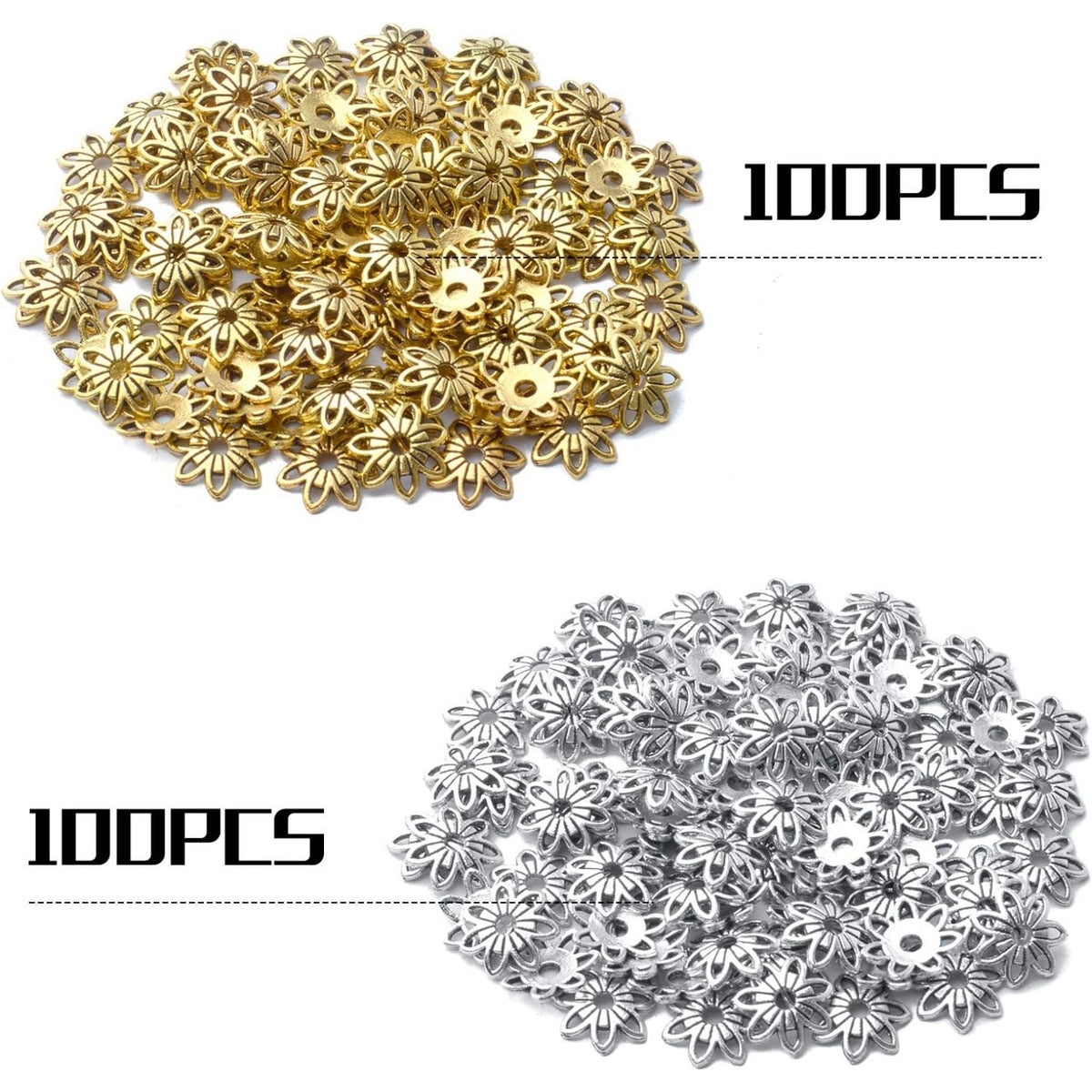 200pcs 10mm Filigree Flower Bead Caps, Alloy, Antique Gold & Silver, DIY Bracelet Earring Jewelry Making