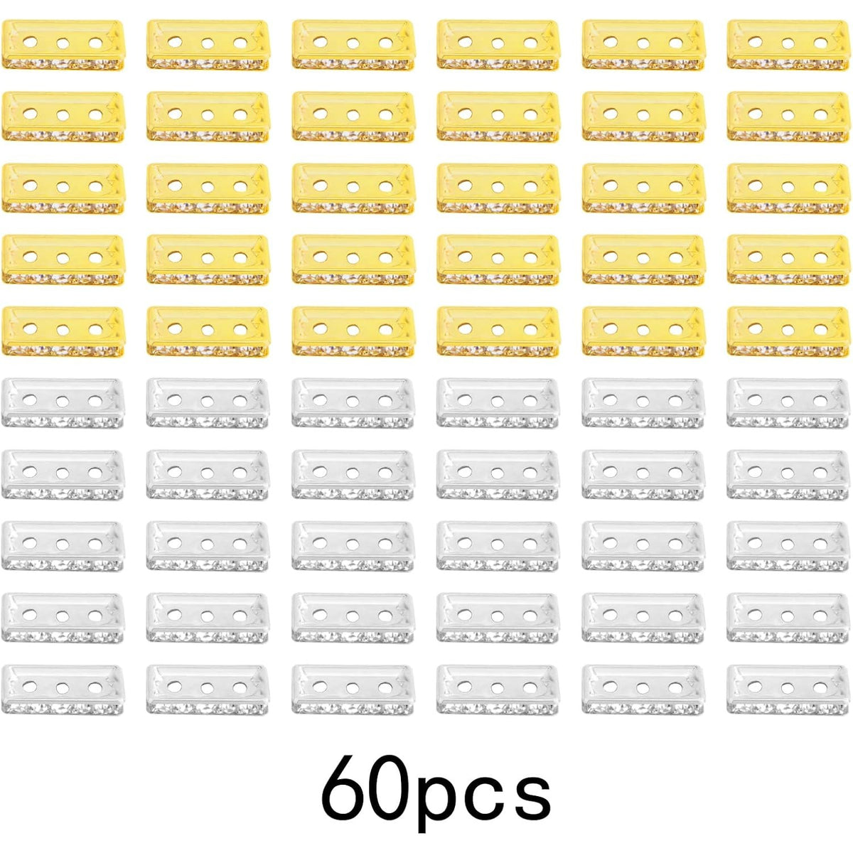 60pcs Brass Rhinestone Spacer Bar Beads Square 3 Holes Crystal Spacer Bar Link Connectors Craft Accessories for DIY Multi Strands Bracelet Jewelry Making, 2 Colors