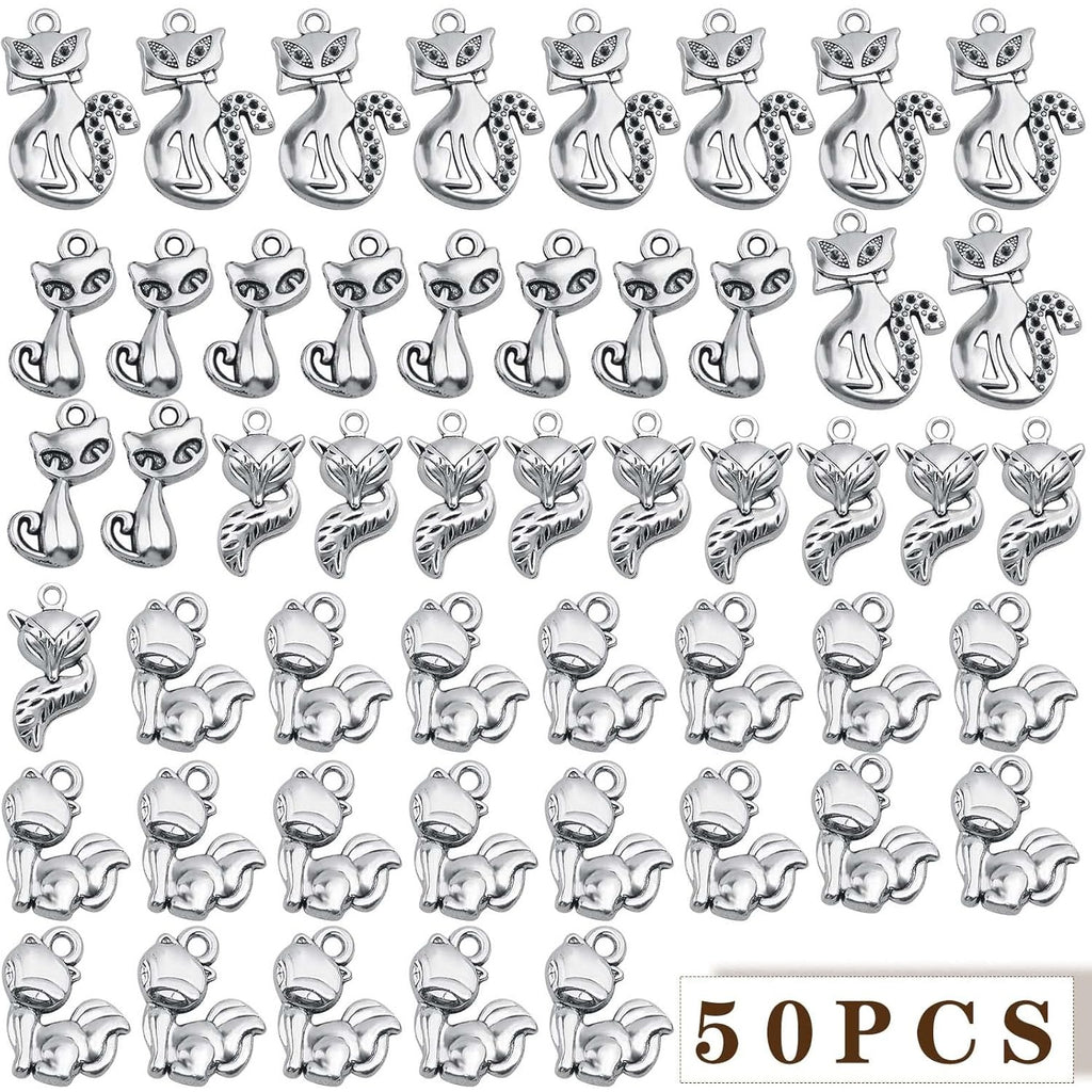 50pcs Antique Silver Fox Kitty Pendant Charms Tibetan Alloy Cute Cat Pendant Vintage Animal Dangle Charms Bulk for DIY Necklace Bracelet Keychain Jewelry Making, 5 Styles…
