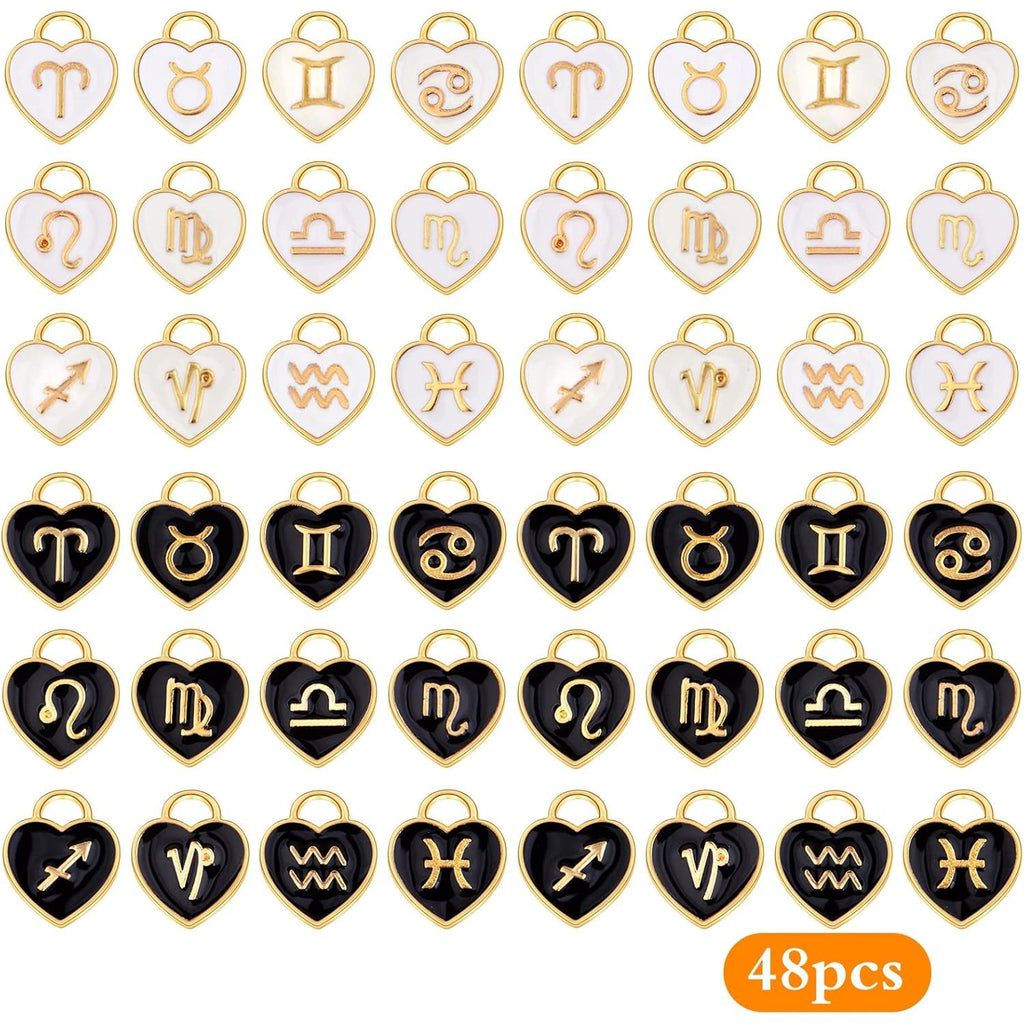 48pcs (4 Sets) Heart Enamel 12 Constellations Charms Double Sided Zodiac Sign Dangle Pendants Craft Supplies for DIY Necklace Bracelet Earrings Jewelry Making, 2 Colors