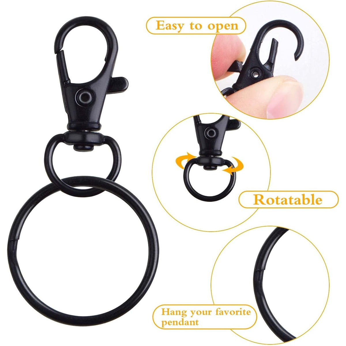 30pcs Swivel Trigger Snap Hooks Metal Keychain Clip Hooks Lobster Claw Clasps with 30pcs Key Rings for Keychains Lanyard Purse Handbag Craft Projects Decor, Black