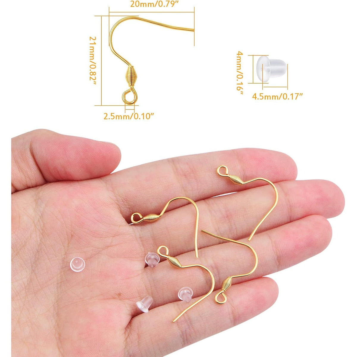 50pcs Stainless Steel French Earring Hooks Hypoallergenic Large Ear Wires Fish Hooks with Loop and 50pcs Clear Silicone Earring Backs for DIY Earrings Jewelry Making Findings