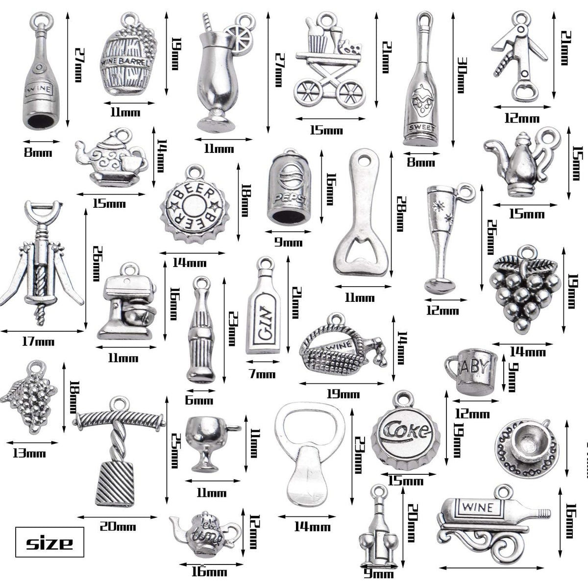 56pcs Silver Wine Bottle Charm Pendants Alloy Cup Glass Opener Grape Wine Charms Jewelry Making Accessories for DIY Necklace Bracelet Earrings Crafts, 28 Styles