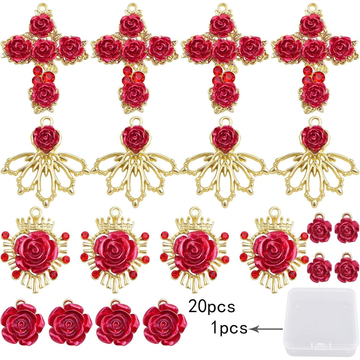 20pcs KC Golden Plated Alloy Lovely Roseflower Charms Resin Red Rose Flower Dangle Pendants with a Box for DIY Necklace Earrings Jewelry Making Valentine's Gifts, 5 Styles