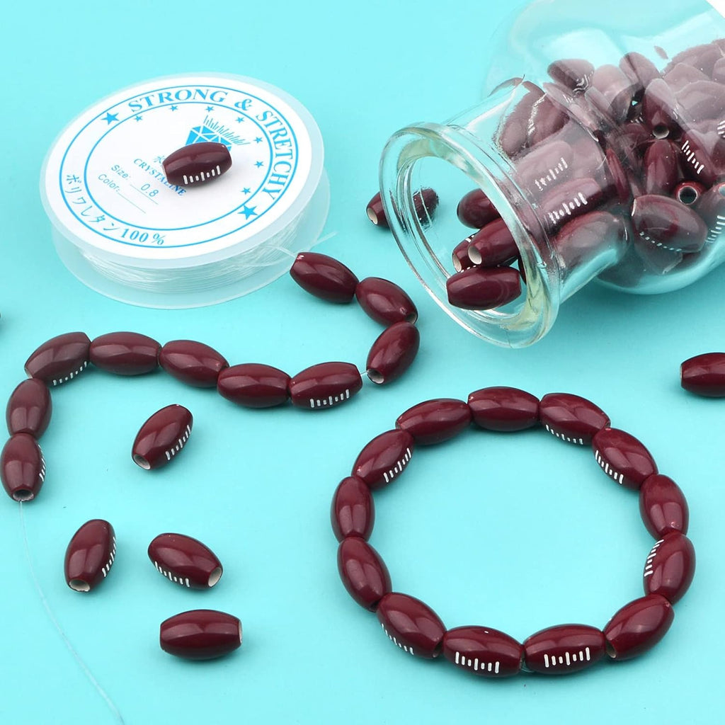120pcs Large Hole Rugby Spacer Beads Acrylic Football Sports Craft Beads with A Roll of Elastic Crystal String for DIY Friendship Bracelet Necklace Jewelry Making