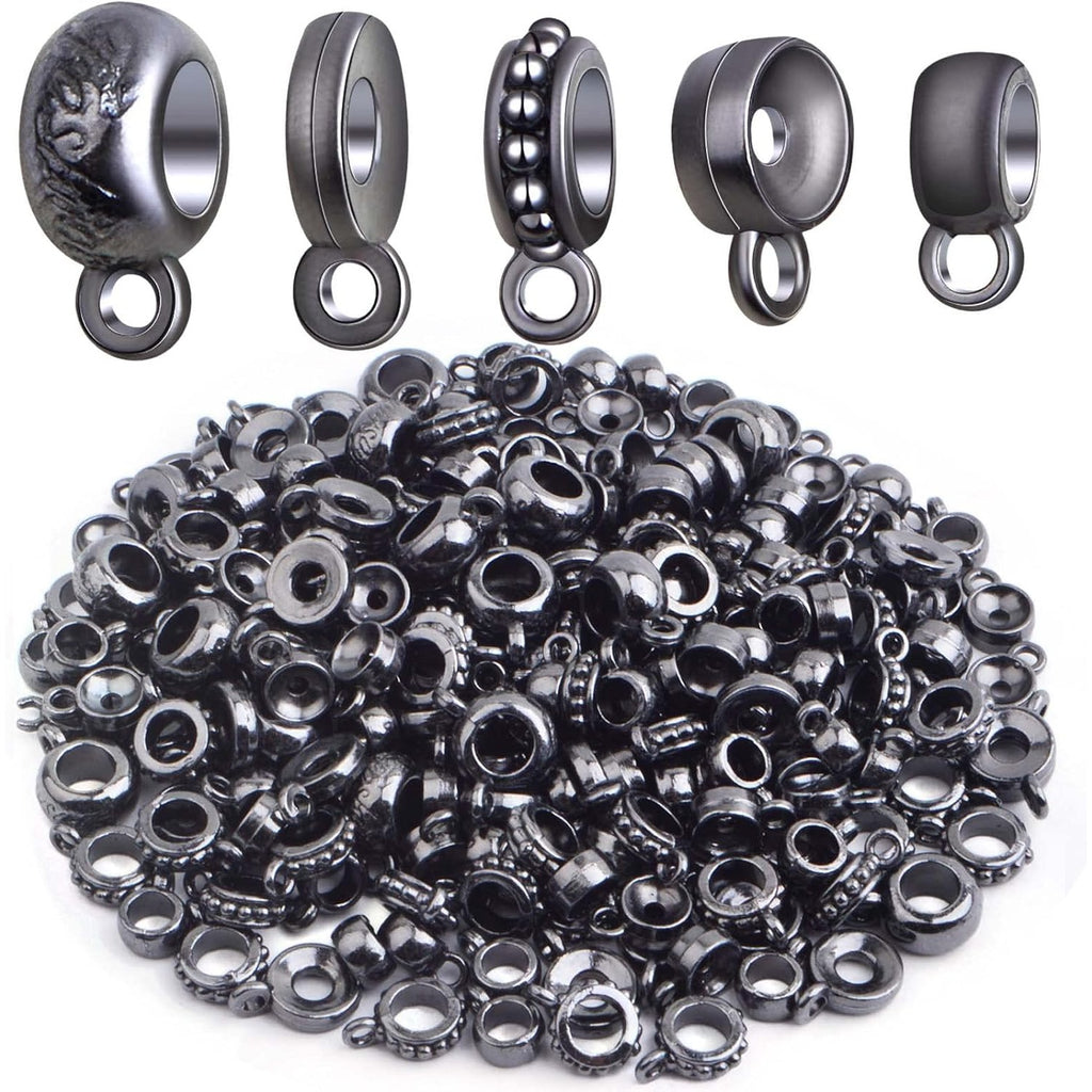 100 Gram Gun Black Bail Tube Beads Alloy Bail Beads Connectors Tibetan Tube Spacer Bead Hanger Links for DIY European Bracelet Charm Jewelry Crafts Making, 5 Styles