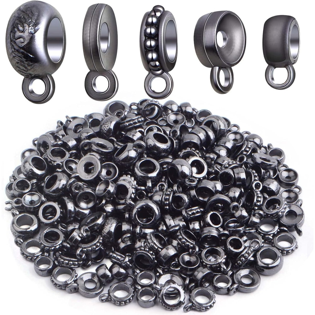 100 Gram Gun Black Bail Tube Beads Alloy Bail Beads Connectors Tibetan Tube Spacer Bead Hanger Links for DIY European Bracelet Charm Jewelry Crafts Making, 5 Styles