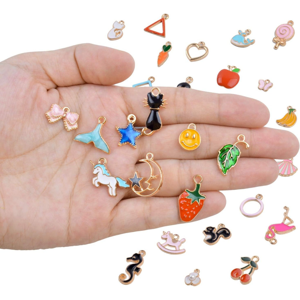 Assorted Enamel Charms, 30 pieces Mixed Style Enamel Alloy Cute Animals Fruit Moon Star Lollipop Craft Charms Pendants Jewelry Findings Making Accessory for DIY Necklace Bracelet Earring