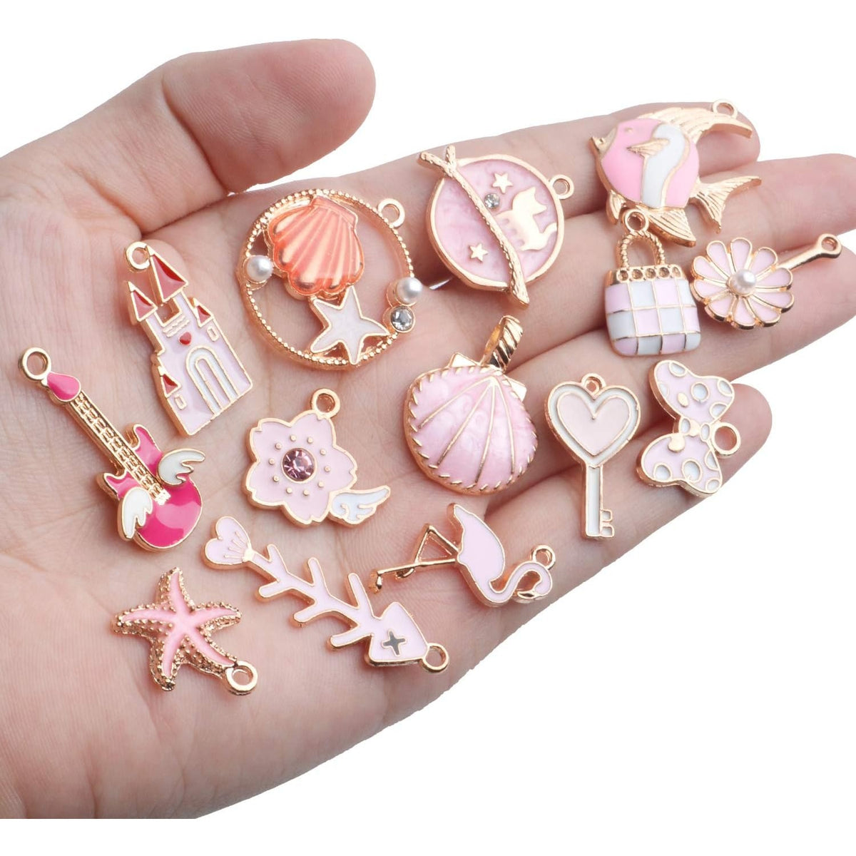 Enamel Charms,31pcs Pink Enamel Charms Flower Starfish Butterfly Cat Conch Jewelry Finding for DIY Necklace Bracelet Keychain