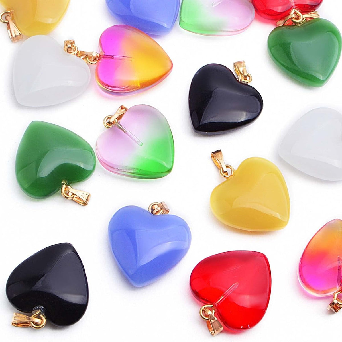 16pcs 8 Colors Heart Charms Transparent Spray Painted Heart Shape Glass Pendants with Golden Plated Metal Pinch Clasps for DIY Necklace Jewelry Making Valentine's Day Gift