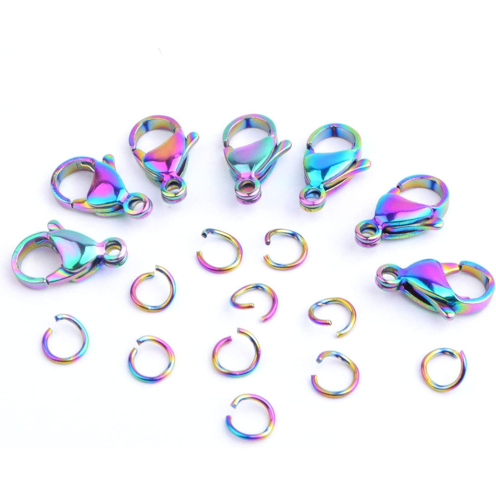 30pcs Stainless Steel Lobster Claw Clasps Fastener Hook Connectors and 30pcs 6 mm Open Jump Rings Set for DIY Bracelet Necklace Jewelry Making Findings, Rainbow Color