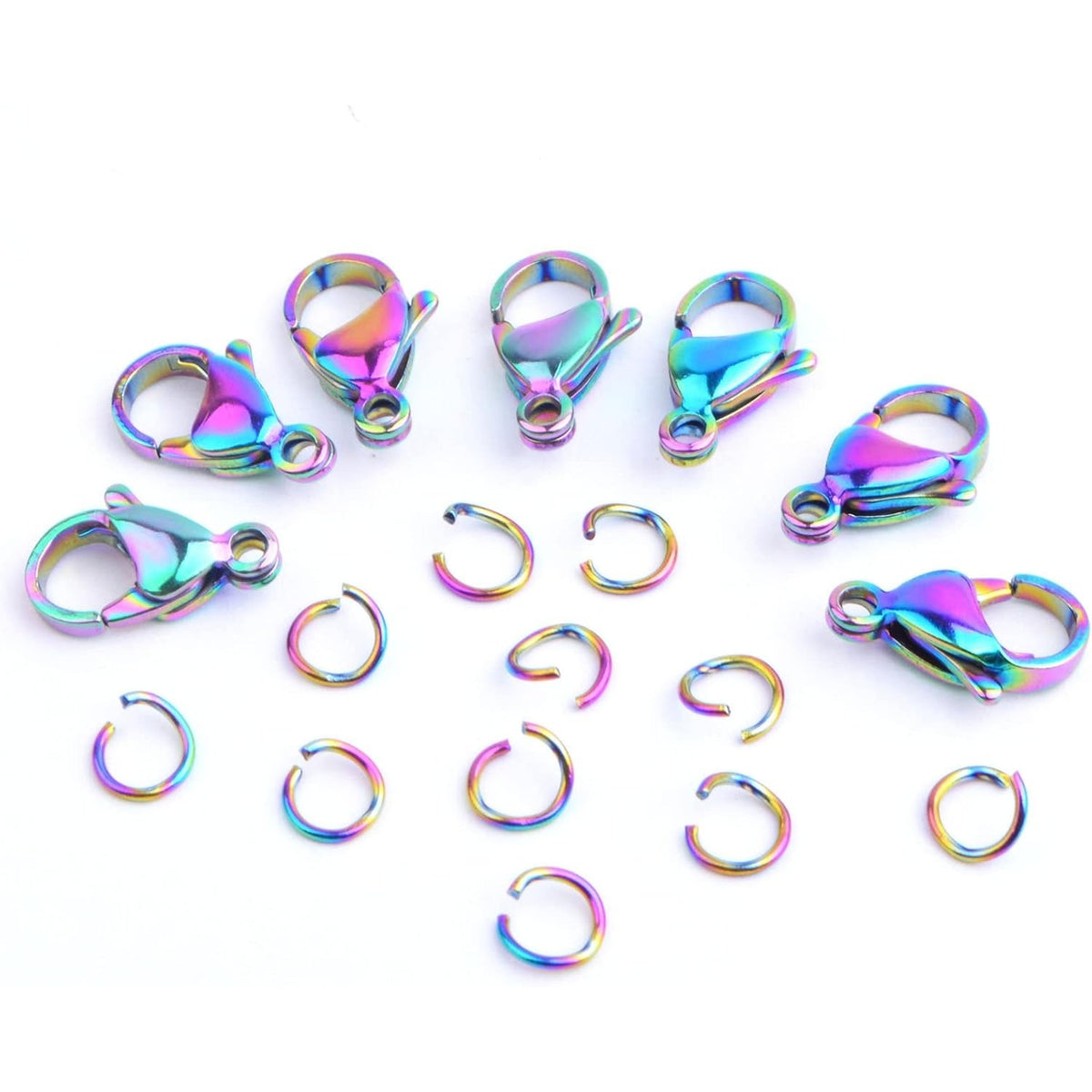 30pcs Stainless Steel Lobster Claw Clasps Fastener Hook Connectors and 30pcs 6 mm Open Jump Rings Set for DIY Bracelet Necklace Jewelry Making Findings, Rainbow Color