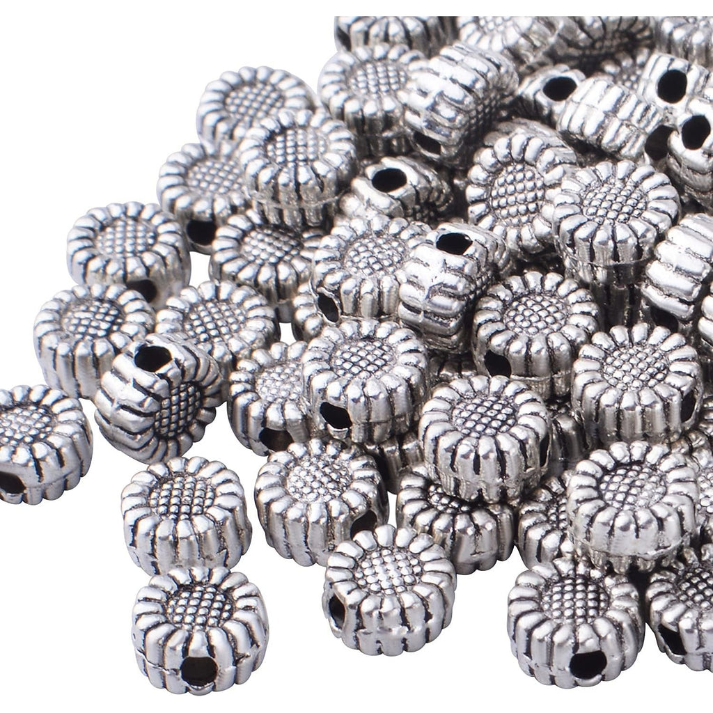 100pcs Antique Silver Sunflower Spacers Beads Tibetan Alloy Flower Bead Spacer Charm Beads Loose Bead Spacers for DIY Bracelet Necklace Jewelry Crafts Making Accessories