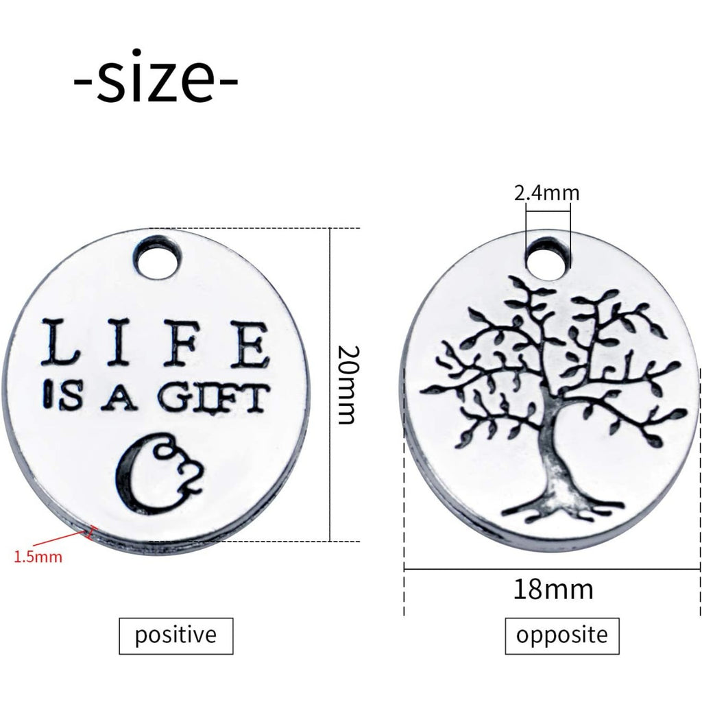 Inspirational Words Charms, 30pcs Lettering Saying Pendants (LIFE IS A GIFT) Tree of Life Charms Beads Jewelry Findings for DIY Necklace Bracelet - Double-Sided Design