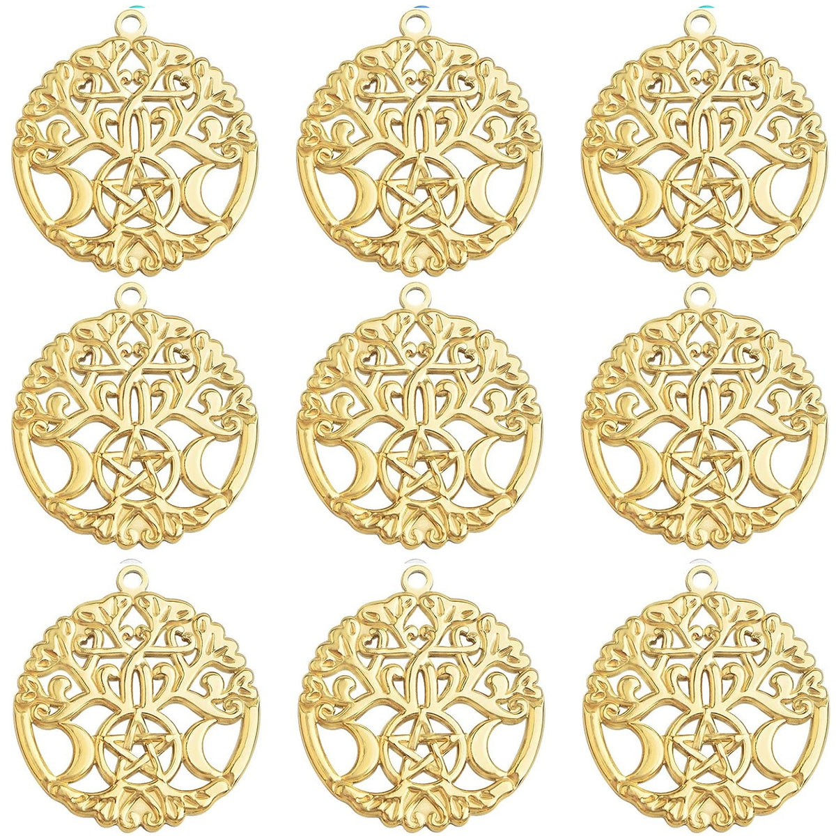 9pcs Hollow Crescent Moon and Star Charms Triple Moon Goddess Pendants Celestial Pentagram Moon Flower Dangle Pendants for DIY Necklace Earrings Jewelry Making Decor, 3 Colors