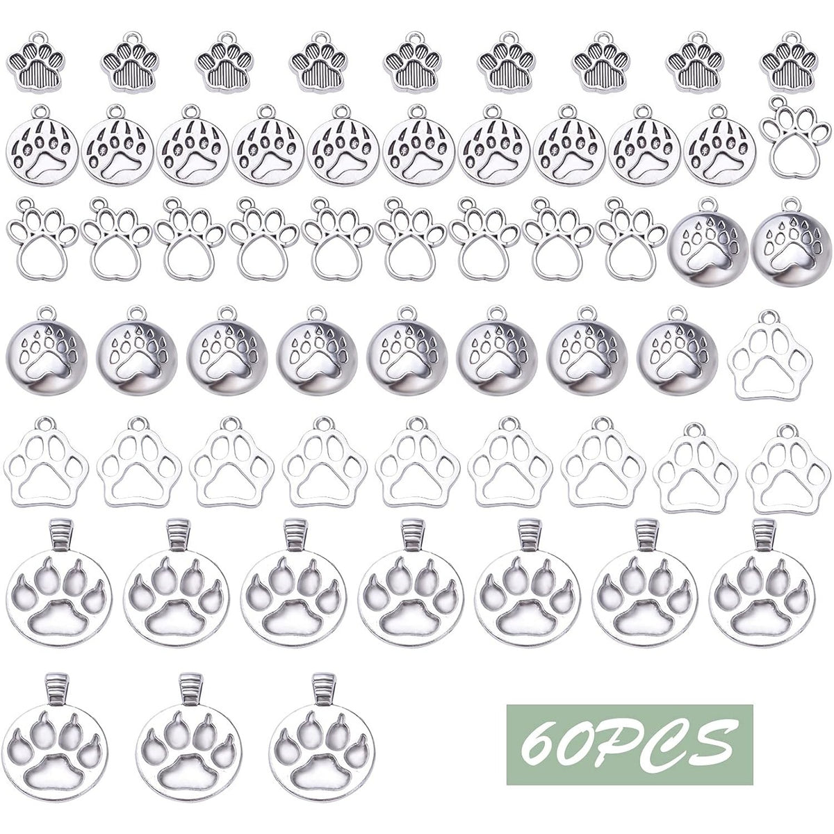 60pcs Silver Bear Dog Cat Footprint Charms Tibetan Alloy Animal Paw Prints Pendants Cute Bear Footprint Dangle Charms for DIY Bracelet Earrings Necklace Jewelry Making, 6 Styles