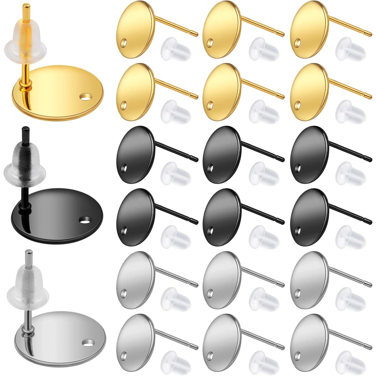 30pcs 3 Colors Stainless Steel Stud Earrings Flat Round Pad Earring Posts Findings with Hole and 30pcs Clear Silicone Earring Backs for Women DIY Jewelry Making