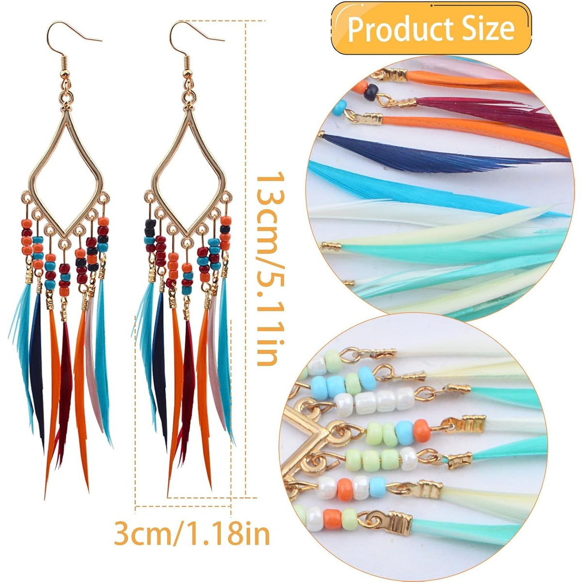 3 Pairs of Bohemian Earrings Set with Feather Tassel, Retro Boho Multicolor Long Fringe Tassels Feather Beaded Dangle Earring Hooks Jewelry for Women