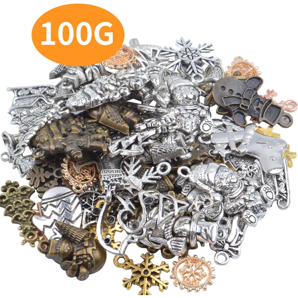 100 Gram Christmas Charms Assorted Antique Pendants Snowflake Tree Stocking Snowman Mixed Colors for Jewelry Making