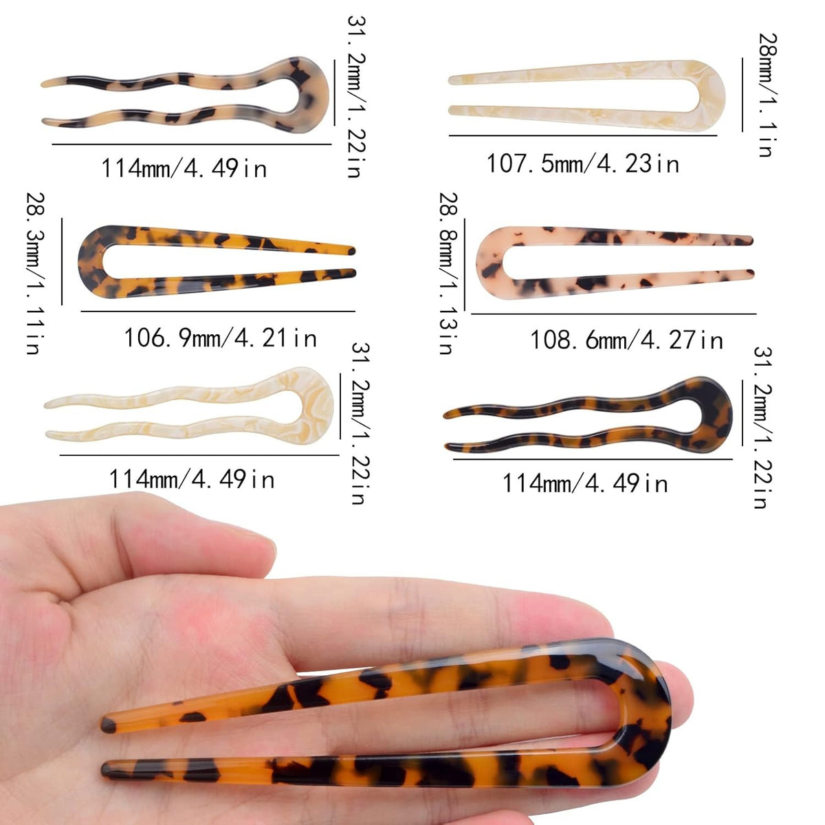 6pcs French Tortoise Hairpins Tortoise Shell U Shaped Large Wavy Crink Clips Cellulose Acetate Bun Hair Stick Fork Pins with 2 Prongs for Women Girls Hairstyle Accessories, 6 Styles
