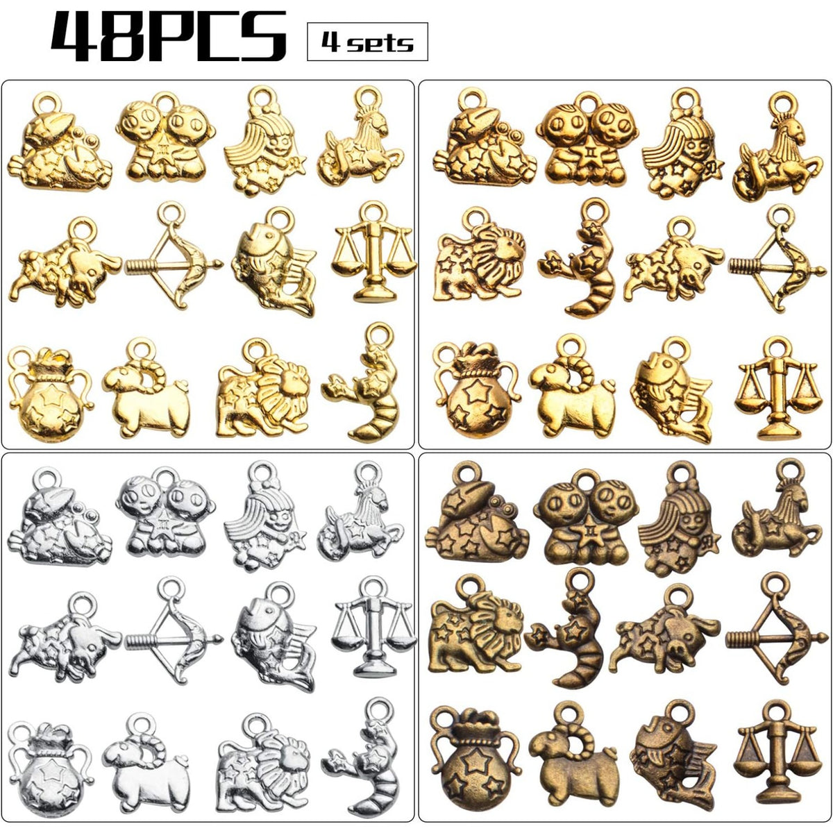 Constellation Charm Pendants,48pcs Constellation Zodiac Charms Zodiac Charms Bulk 12 Constellations Charms for Jewelry Making Necklace Bracelet Crafting,Antique Silver/Antique Golden/Golden/Bronze