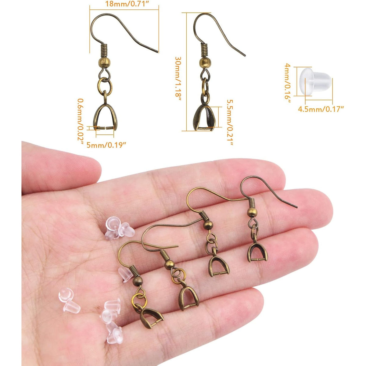 50pcs Antique Bronze French Earring Fish Hooks Hypoallergenic Brass Earwire Hooks with Pendant Clasps and 50pcs Clear Earring Safety Backs for DIY Earrings Making Findings