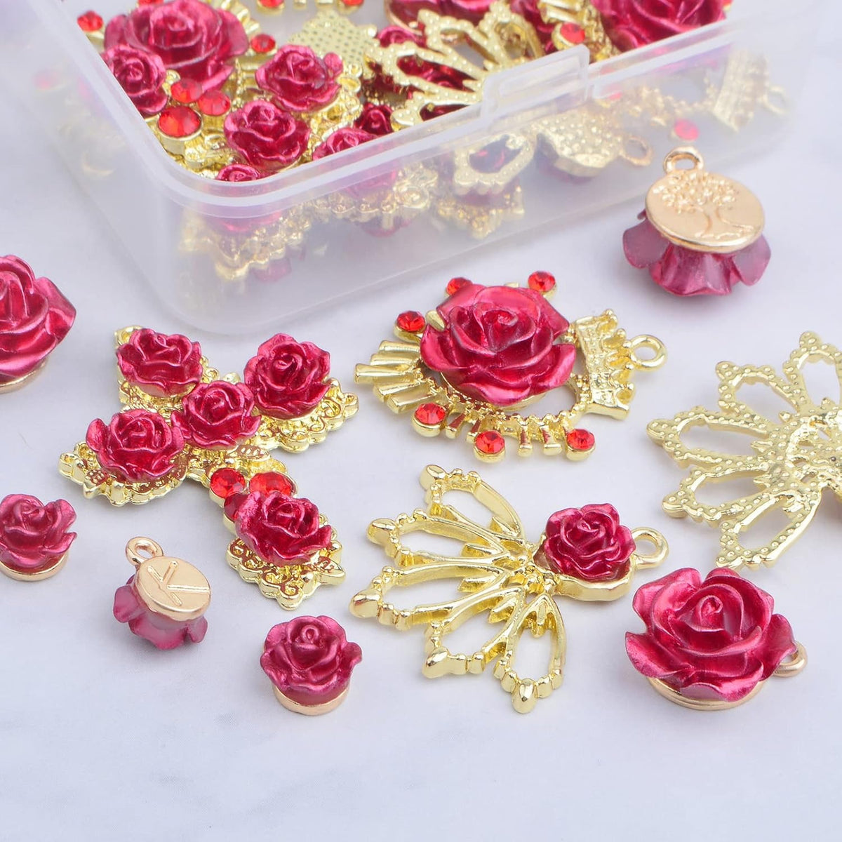 20pcs KC Golden Plated Alloy Lovely Roseflower Charms Resin Red Rose Flower Dangle Pendants with a Box for DIY Necklace Earrings Jewelry Making Valentine's Gifts, 5 Styles
