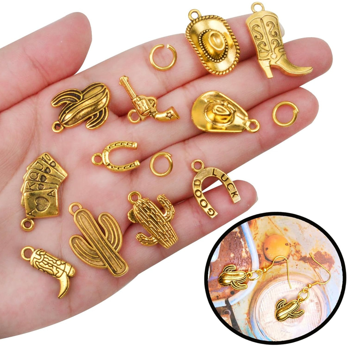 100 Grams Alloy Western Cowbo Cowgi Charms Antique Silver Mixed Cowb Boot Hat Horseshoe Dangle Pendants with 80pcs Split Rings for DIY Necklace Bracelet Earrings Jewelry Making