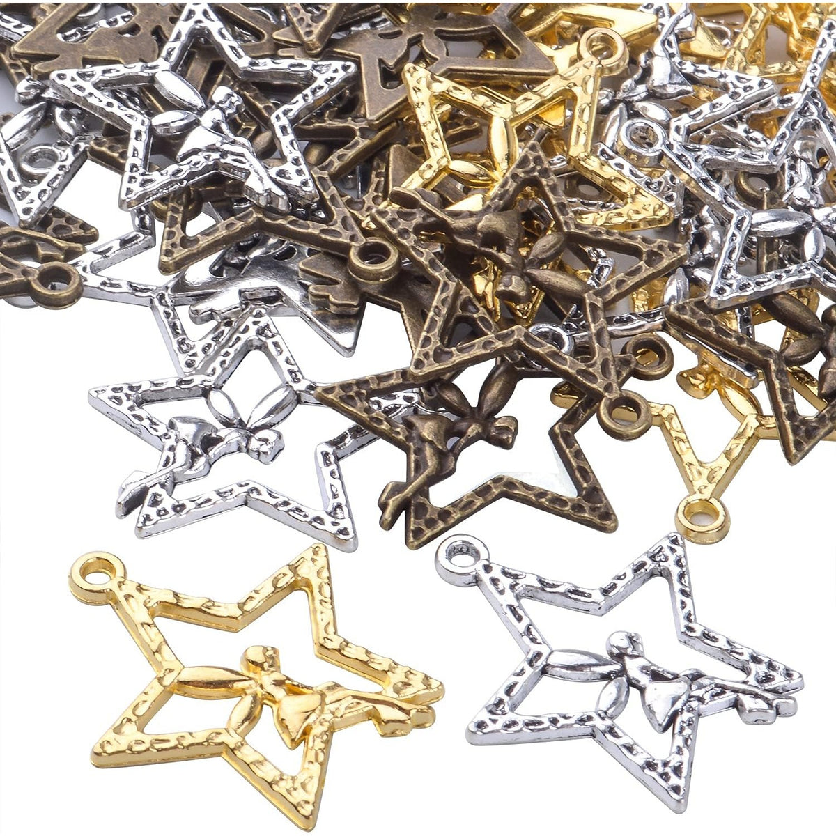 60pcs Fairy Charm Pendants Alloy Angle Charms Fairy on Star Charms Craft Supplies for DIY Earrings Necklace Bracelet Jewelry Making and Crafting Accessory, 3 Colors