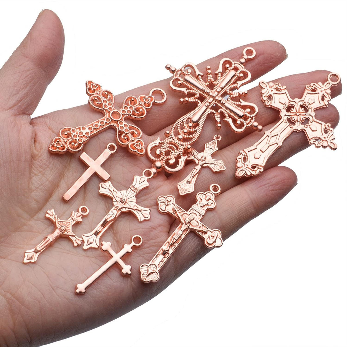 100g Craft Supplies Alloy Rose Gold Jesus Christ Cross Charms Rosary Center Charm Crosses Charms Pendants for Necklace DIY Jewelry Making, Mixed Styles